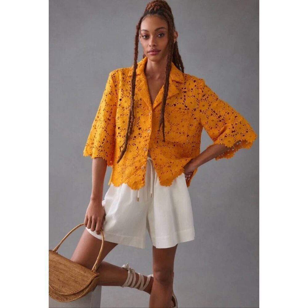 NWT Anthropologie Lace Half-Sleeve Buttondown Shirt size XL